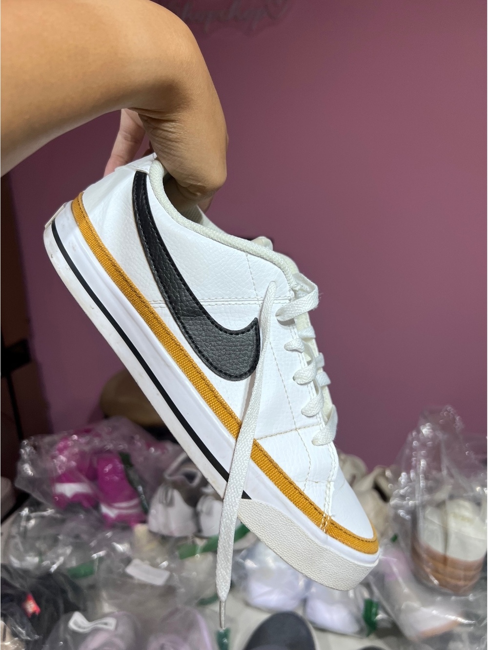 Nike Women's Low-Top Sneakers White with Black Swoosh and Mustard Accent Size 8